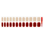 Set of nail wraps with red and white polka dot design on a white background