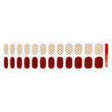 Set of nail wraps with red and white polka dot design on a white background