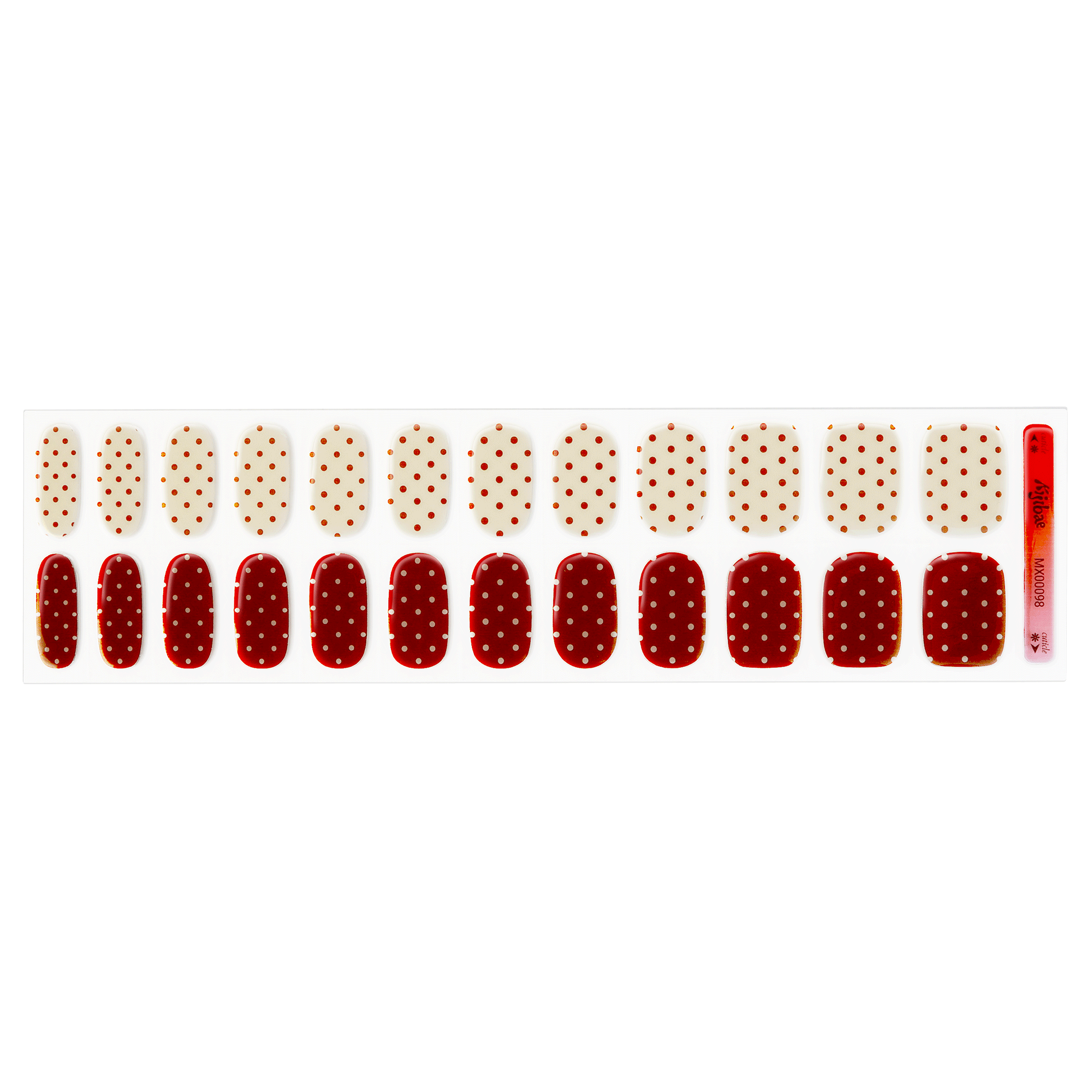 Set of nail wraps with red and white polka dot design on a white background